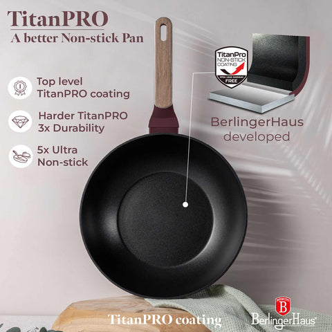 BH/8296, Wok 28cm, Burdeos Mate, Madera, Wok 28 cm, Nuevo diseño de mango, Wok, Batería de cocina, Cocina, Sartenes