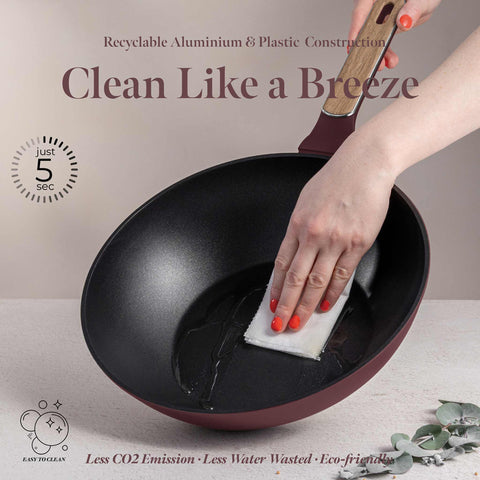 BH/8296, Wok 28cm, Burdeos Mate, Madera, Wok 28 cm, Nuevo diseño de mango, Wok, Batería de cocina, Cocina, Sartenes