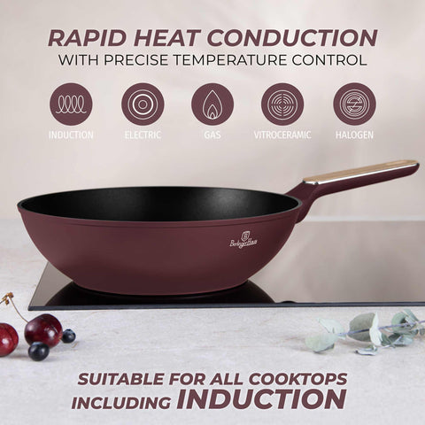BH/8296, Wok 28cm, Burdeos Mate, Madera, Wok 28 cm, Nuevo diseño de mango, Wok, Batería de cocina, Cocina, Sartenes