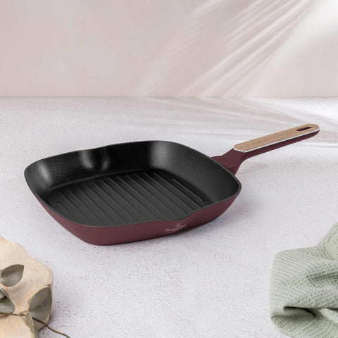  BH/8297, Sartén grill 28cm, Burdeos mate, Madera, Sartén grill 28cm, Nuevo diseño de mango, Sartén, Sartén, Sartén grill, Batería de cocina, Cocina