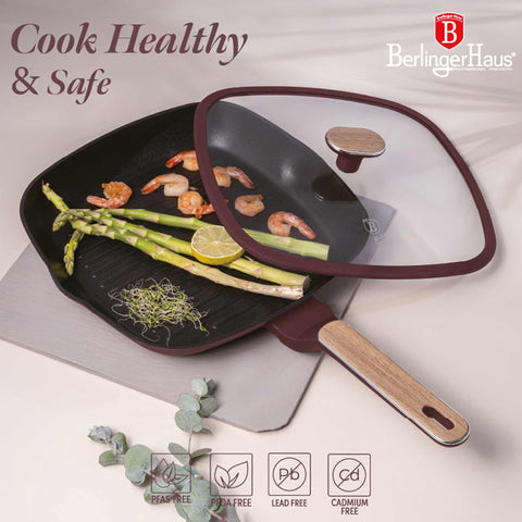  BH/8298, Sartén grill con tapa 28cm, Burdeos mate, Madera, Sartén grill 28 cm con tapa, Nuevo diseño de mango, Sartén, Sartén, Sartén grill, Sartén grill con tapa, Batería de cocina, Cocina