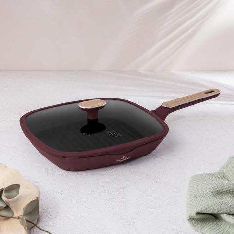  BH/8298, Sartén grill con tapa 28cm, Burdeos mate, Madera, Sartén grill 28 cm con tapa, Nuevo diseño de mango, Sartén, Sartén, Sartén grill, Sartén grill con tapa, Batería de cocina, Cocina