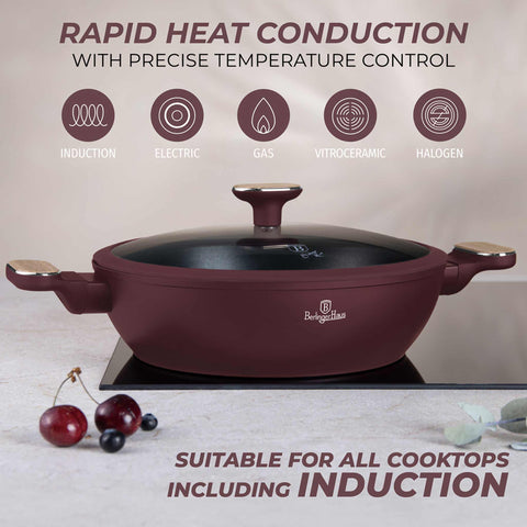  BH/8299, Olla baja con tapa 28cm, Burdeos mate, Madera, Olla baja de 28 cm, Nuevo diseño de asa, Olla baja, Olla baja con tapa, Olla, Batería de cocina, Cocina, Ollas y cazuelas