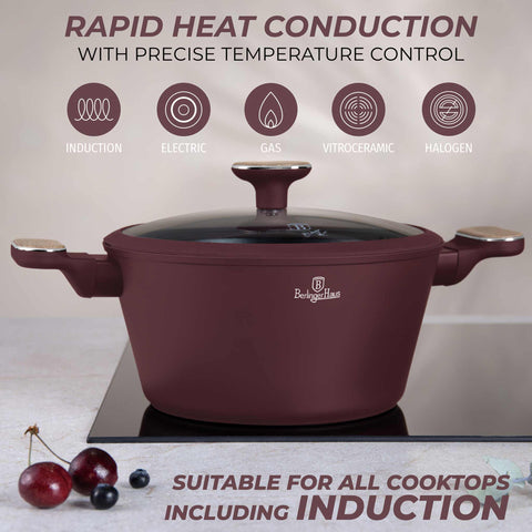  BH/8301, Cacerola con tapa 24cm, Burdeos mate, Madera, Cacerola de 24 cm, Nuevo diseño de mango, Cacerola, Olla, Cacerola con tapa, Batería de cocina, Cocina, Ollas y cazuelas