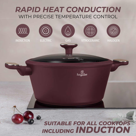  BH/8302, Cacerola con tapa 28cm, Burdeos mate, Madera, Cacerola de 28 cm, Nuevo diseño de mango, Cacerola, Olla, Cacerola con tapa, Batería de cocina, Cocina, Ollas y cazuelas