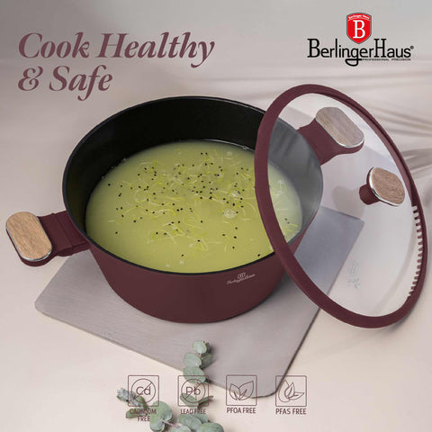  BH/8302, Cacerola con tapa 28cm, Burdeos mate, Madera, Cacerola de 28 cm, Nuevo diseño de mango, Cacerola, Olla, Cacerola con tapa, Batería de cocina, Cocina, Ollas y cazuelas