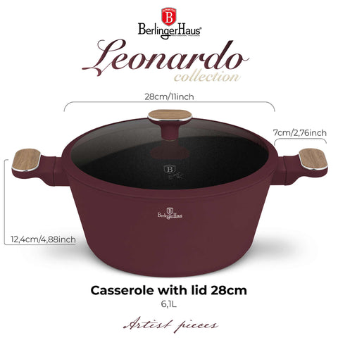 BH/8302, Cacerola con tapa 28cm, Burdeos mate, Madera, Cacerola de 28 cm, Nuevo diseño de mango, Cacerola, Olla, Cacerola con tapa, Batería de cocina, Cocina, Ollas y cazuelas