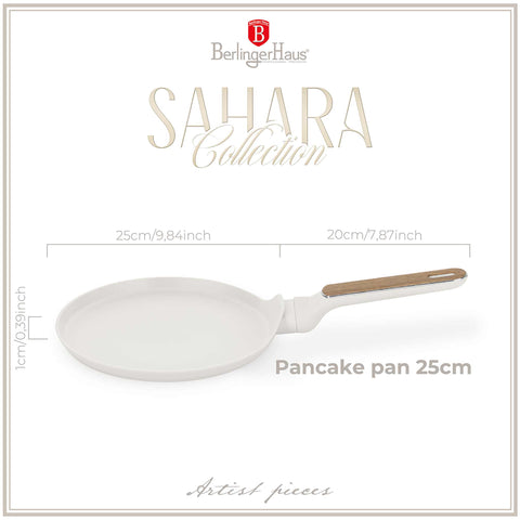 Product image of Pancake pan 25cm. Part of the Sahara Nordic Collection . Features: • Material: forged aluminum with non-stick titanPro coating • Pancake pan Ø25*2,2 cm • Color: matt cream, wooden REGISTERED DESIGN BY BERLINGER HAUS!. (Studio view). Official Berlinger Haus product, boosted by Promintra sl.