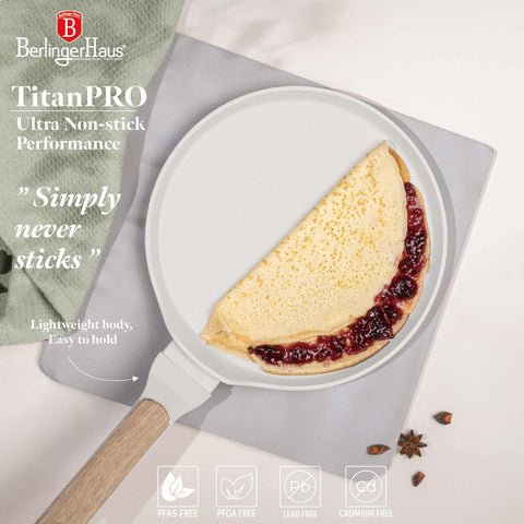 Product image of Pancake pan 25cm. Part of the Sahara Nordic Collection . Features: • Material: forged aluminum with non-stick titanPro coating • Pancake pan Ø25*2,2 cm • Color: matt cream, wooden REGISTERED DESIGN BY BERLINGER HAUS!. (Studio view). Official Berlinger Haus product, boosted by Promintra sl.