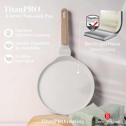 Product image of Pancake pan 25cm. Part of the Sahara Nordic Collection . Features: • Material: forged aluminum with non-stick titanPro coating • Pancake pan Ø25*2,2 cm • Color: matt cream, wooden REGISTERED DESIGN BY BERLINGER HAUS!. (Studio view). Official Berlinger Haus product, boosted by Promintra sl.