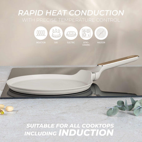 Product image of Pancake pan 25cm. Part of the Sahara Nordic Collection . Features: • Material: forged aluminum with non-stick titanPro coating • Pancake pan Ø25*2,2 cm • Color: matt cream, wooden REGISTERED DESIGN BY BERLINGER HAUS!. (Studio view). Official Berlinger Haus product, boosted by Promintra sl.