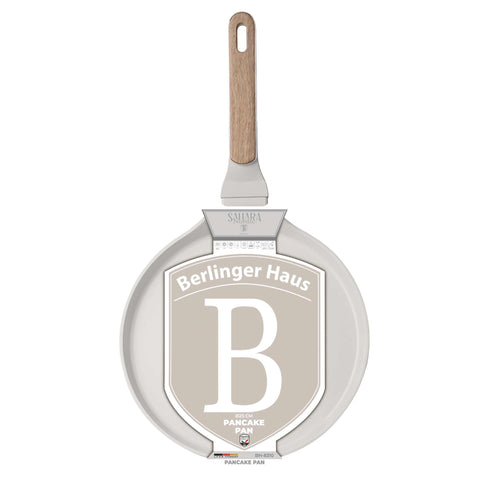 Product image of Pancake pan 25cm. Part of the Sahara Nordic Collection . Features: • Material: forged aluminum with non-stick titanPro coating • Pancake pan Ø25*2,2 cm • Color: matt cream, wooden REGISTERED DESIGN BY BERLINGER HAUS!. (Studio view). Official Berlinger Haus product, boosted by Promintra sl.