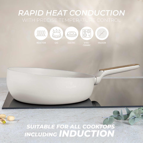  BH/8313, Sartén plegable de 26 cm, color crema mate, madera, sartén plegable de 26 cm, nuevo diseño de mango, sartén, sartén plegable, sartén, utensilios de cocina, cocina