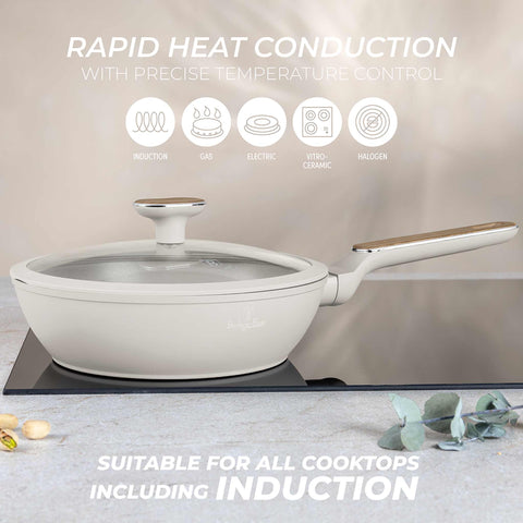  BH/8314, Sartén honda con tapa 24cm, Crema Mate, Madera, Sartén honda 24 cm, Nuevo diseño de mango, Sartén, Sartén honda, Sartén honda con tapa, Sartén, Batería de cocina, Cocina, Sartenes