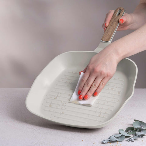  BH/8316, Sartén para parrilla de 28 cm, color crema mate, madera, sartén para parrilla de 28 cm, nuevo diseño de mango, sartén, sartén para freír, sartén para parrilla, utensilios de cocina, cocina