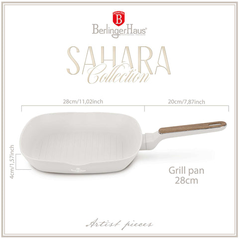 Product image of Grill pan 28cm. Part of the Sahara Nordic Collection . Features: • Material: forged aluminum with non-stick titanPro coating • Grill pan Ø28*4,1 cm 2,1L • Color: matt cream, wooden REGISTERED DESIGN BY BERLINGER .... (Giftbox view). Official Berlinger Haus product, boosted by Promintra sl.