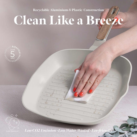Product image of Grill pan 28cm. Part of the Sahara Nordic Collection . Features: • Material: forged aluminum with non-stick titanPro coating • Grill pan Ø28*4,1 cm 2,1L • Color: matt cream, wooden REGISTERED DESIGN BY BERLINGER .... (Giftbox view). Official Berlinger Haus product, boosted by Promintra sl.