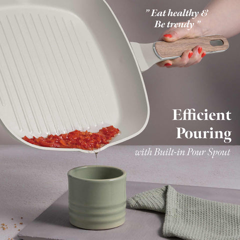 Product image of Grill pan 28cm. Part of the Sahara Nordic Collection . Features: • Material: forged aluminum with non-stick titanPro coating • Grill pan Ø28*4,1 cm 2,1L • Color: matt cream, wooden REGISTERED DESIGN BY BERLINGER .... (Giftbox view). Official Berlinger Haus product, boosted by Promintra sl.