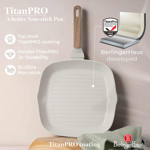 Product image of Grill pan 28cm. Part of the Sahara Nordic Collection . Features: • Material: forged aluminum with non-stick titanPro coating • Grill pan Ø28*4,1 cm 2,1L • Color: matt cream, wooden REGISTERED DESIGN BY BERLINGER .... (Giftbox view). Official Berlinger Haus product, boosted by Promintra sl.