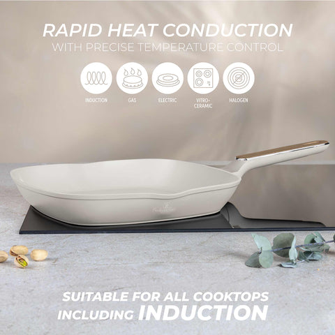 Product image of Grill pan 28cm. Part of the Sahara Nordic Collection . Features: • Material: forged aluminum with non-stick titanPro coating • Grill pan Ø28*4,1 cm 2,1L • Color: matt cream, wooden REGISTERED DESIGN BY BERLINGER .... (Giftbox view). Official Berlinger Haus product, boosted by Promintra sl.