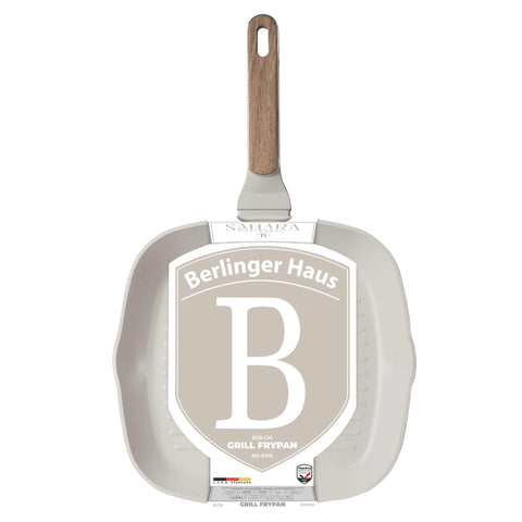 Product image of Grill pan 28cm. Part of the Sahara Nordic Collection . Features: • Material: forged aluminum with non-stick titanPro coating • Grill pan Ø28*4,1 cm 2,1L • Color: matt cream, wooden REGISTERED DESIGN BY BERLINGER .... (Giftbox view). Official Berlinger Haus product, boosted by Promintra sl.