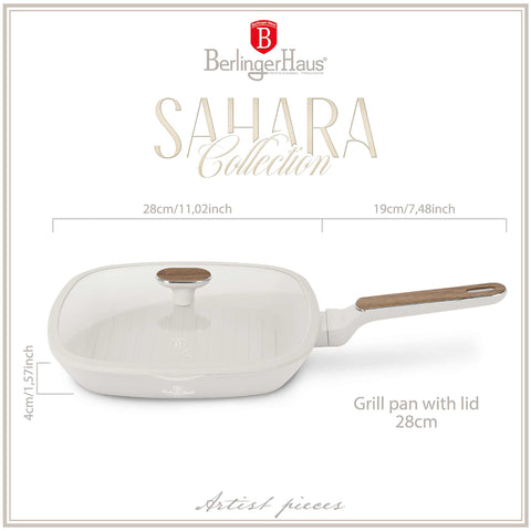  BH/8317, Sartén para parrilla con tapa de 28 cm, Crema mate, Madera, Sartén para parrilla de 28 cm con tapa, Nuevo diseño de mango, Sartén, Sartén para freír, Sartén para parrilla, Sartén para parrilla con tapa, Batería de cocina, Cocinar