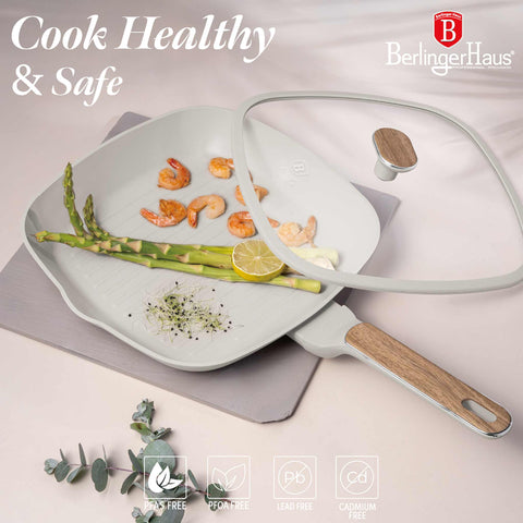  BH/8317, Sartén para parrilla con tapa de 28 cm, Crema mate, Madera, Sartén para parrilla de 28 cm con tapa, Nuevo diseño de mango, Sartén, Sartén para freír, Sartén para parrilla, Sartén para parrilla con tapa, Batería de cocina, Cocinar