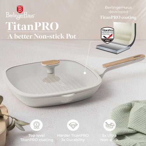  BH/8317, Sartén para parrilla con tapa de 28 cm, Crema mate, Madera, Sartén para parrilla de 28 cm con tapa, Nuevo diseño de mango, Sartén, Sartén para freír, Sartén para parrilla, Sartén para parrilla con tapa, Batería de cocina, Cocinar