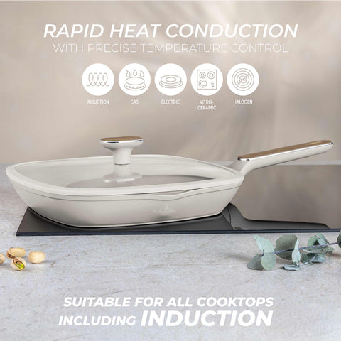  BH/8317, Sartén para parrilla con tapa de 28 cm, Crema mate, Madera, Sartén para parrilla de 28 cm con tapa, Nuevo diseño de mango, Sartén, Sartén para freír, Sartén para parrilla, Sartén para parrilla con tapa, Batería de cocina, Cocinar