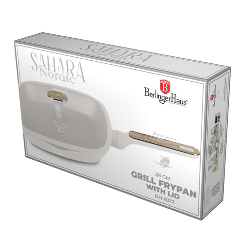  BH/8317, Sartén para parrilla con tapa de 28 cm, Crema mate, Madera, Sartén para parrilla de 28 cm con tapa, Nuevo diseño de mango, Sartén, Sartén para freír, Sartén para parrilla, Sartén para parrilla con tapa, Batería de cocina, Cocinar