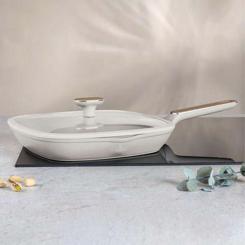  BH/8317, Sartén para parrilla con tapa de 28 cm, Crema mate, Madera, Sartén para parrilla de 28 cm con tapa, Nuevo diseño de mango, Sartén, Sartén para freír, Sartén para parrilla, Sartén para parrilla con tapa, Batería de cocina, Cocinar