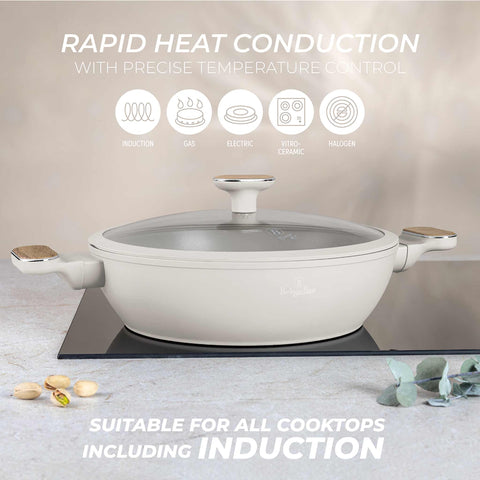  BH/8318, Olla baja con tapa de 28 cm, color crema mate, madera, olla baja de 28 cm, nuevo diseño de mango, olla baja, olla baja con tapa, olla, utensilios de cocina, cocina, ollas y cazuelas