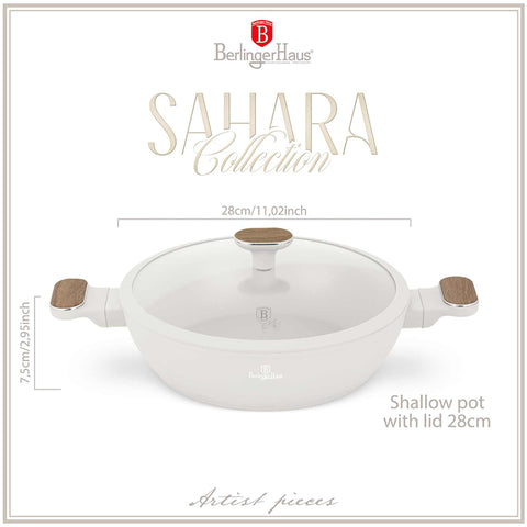  BH/8318, Olla baja con tapa de 28 cm, color crema mate, madera, olla baja de 28 cm, nuevo diseño de mango, olla baja, olla baja con tapa, olla, utensilios de cocina, cocina, ollas y cazuelas