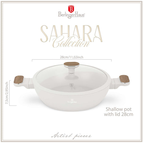  BH/8318, Olla baja con tapa de 28 cm, color crema mate, madera, olla baja de 28 cm, nuevo diseño de mango, olla baja, olla baja con tapa, olla, utensilios de cocina, cocina, ollas y cazuelas