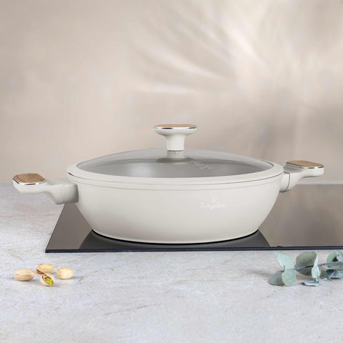  BH/8318, Olla baja con tapa de 28 cm, color crema mate, madera, olla baja de 28 cm, nuevo diseño de mango, olla baja, olla baja con tapa, olla, utensilios de cocina, cocina, ollas y cazuelas