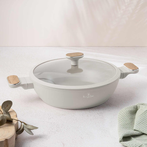  BH/8318, Olla baja con tapa de 28 cm, color crema mate, madera, olla baja de 28 cm, nuevo diseño de mango, olla baja, olla baja con tapa, olla, utensilios de cocina, cocina, ollas y cazuelas