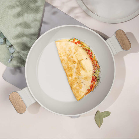  BH/8318, Olla baja con tapa de 28 cm, color crema mate, madera, olla baja de 28 cm, nuevo diseño de mango, olla baja, olla baja con tapa, olla, utensilios de cocina, cocina, ollas y cazuelas