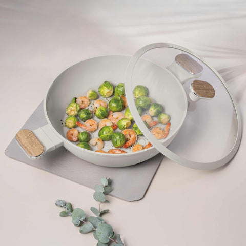  BH/8318, Olla baja con tapa de 28 cm, color crema mate, madera, olla baja de 28 cm, nuevo diseño de mango, olla baja, olla baja con tapa, olla, utensilios de cocina, cocina, ollas y cazuelas