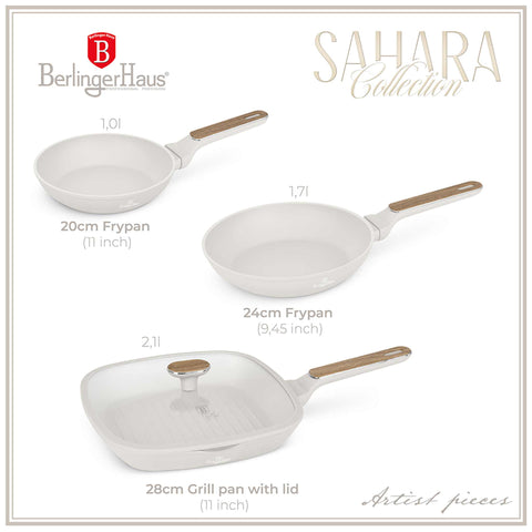  BH/8323, juego de 4 sartenes, crema mate, madera, juego de 4 sartenes b., nuevo diseño de mango, sartén, juego de sartenes, sartén, juego de sartenes, sartén para parrilla, utensilios de cocina, cocina, sartenes, juego de sartenes