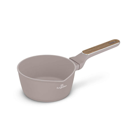 Product image of Sauce pan 16cm. Part of the Taupe Nordic Collection . Features: • Material: forged aluminum with non-stick titanPro coating • Sauce pan Ø16*7,5 cm 1,2L • Color: matt taupe, wooden REGISTERED DESIGN BY BERLINGER .... (Studio view). Official Berlinger Haus product, boosted by Promintra sl.