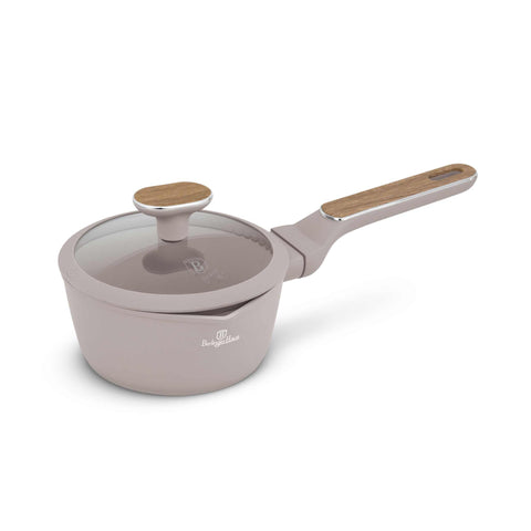 Product image of Sauce pan with lid 16cm. Part of the Taupe Nordic Collection . Features: • Material: forged aluminum with non-stick titanPro coating • Sauce pan Ø16*7,5 cm 1,2L • Color: matt taupe, wooden REGISTERED DESIGN BY BERLINGER .... (Studio view). Official Berlinger Haus product, boosted by Promintra sl.