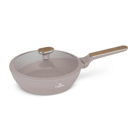 Product image of Deep frypan with lid 24cm. Part of the Taupe Nordic Collection . Features: • Material: forged aluminum with non-stick titanPro coating • Deep frypan with lid Ø24*6,5 cm 2,3L • Color: matt taupe, wooden REGISTERED DESIGN BY.... (Studio view). Official Berlinger Haus product, boosted by Promintra sl.