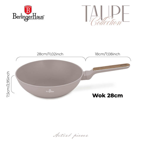  BH/8334, Wok 28cm, Taupe Mate, Madera, Wok de 28 cm, Nuevo diseño de mango, Wok, Batería de cocina, Cocina, Sartenes