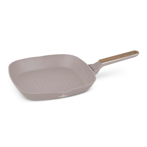 Product image of Grill pan 28cm. Part of the Taupe Nordic Collection . Features: • Material: forged aluminum with non-stick titanPro coating • Grill pan Ø28*4,1 cm 2,1L • Color: matt taupe, wooden REGISTERED DESIGN BY BERLINGER .... (Studio view). Official Berlinger Haus product, boosted by Promintra sl.