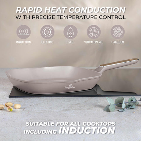 BH/8335, Sartén para parrilla de 28 cm, color topo mate, madera, sartén para parrilla de 28 cm, nuevo diseño de mango, sartén, sartén para freír, sartén para parrilla, utensilios de cocina, cocina