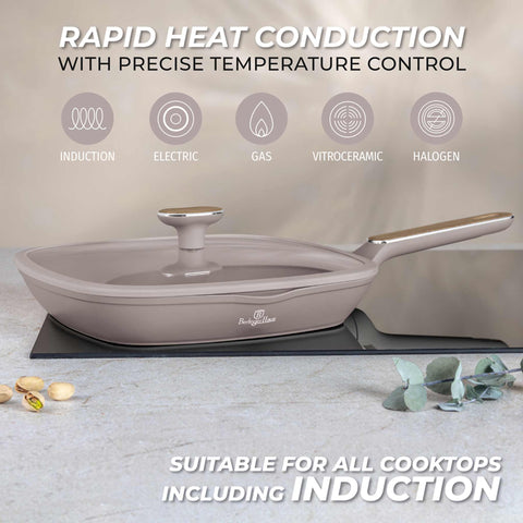  BH/8336, Parrilla con tapa de 28 cm, color topo mate, madera, parrilla de 28 cm con tapa, nuevo diseño de mango, sartén, sartén, parrilla, parrilla con tapa, utensilios de cocina, cocina, sartenes