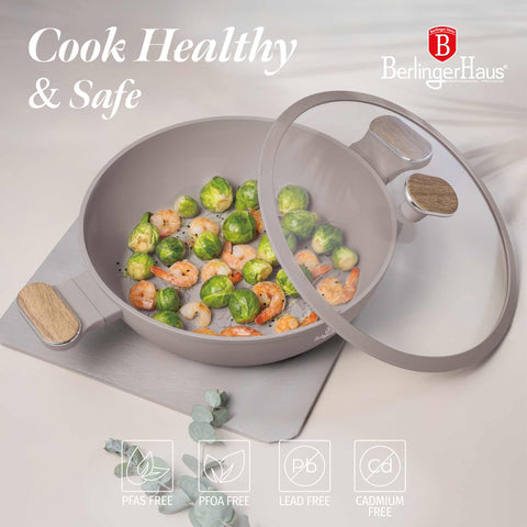  BH/8337, Olla baja con tapa de 28 cm, color topo mate, madera, olla baja de 28 cm, nuevo diseño de asa, olla baja, olla baja con tapa, olla, utensilios de cocina, cocina, ollas y cazuelas