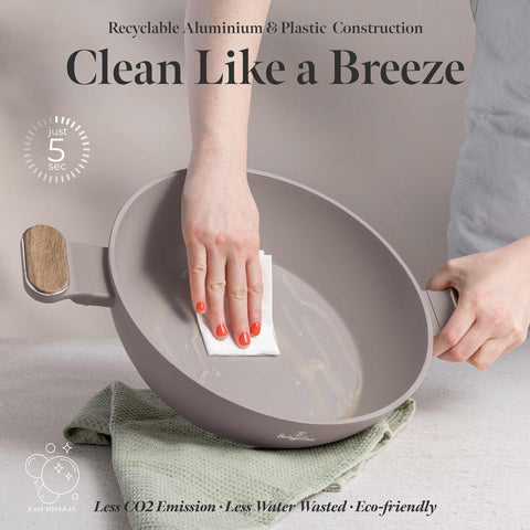  BH/8337, Olla baja con tapa de 28 cm, color topo mate, madera, olla baja de 28 cm, nuevo diseño de asa, olla baja, olla baja con tapa, olla, utensilios de cocina, cocina, ollas y cazuelas