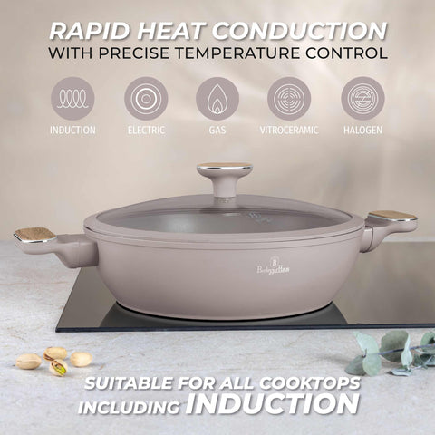  BH/8337, Olla baja con tapa de 28 cm, color topo mate, madera, olla baja de 28 cm, nuevo diseño de asa, olla baja, olla baja con tapa, olla, utensilios de cocina, cocina, ollas y cazuelas