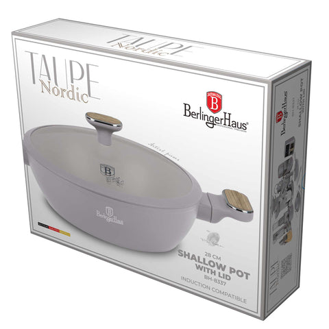  BH/8337, Olla baja con tapa de 28 cm, color topo mate, madera, olla baja de 28 cm, nuevo diseño de asa, olla baja, olla baja con tapa, olla, utensilios de cocina, cocina, ollas y cazuelas